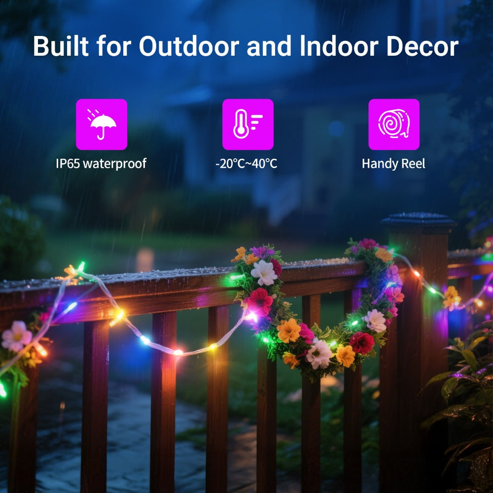 RGB Smart Fairy String Lights with App & Remote Control, Music Sync, IP65 Waterproof, USB Powered Multicolor LED String Lights for Bedroom, Outdoor, Christmas, Party, Wedding Decoration