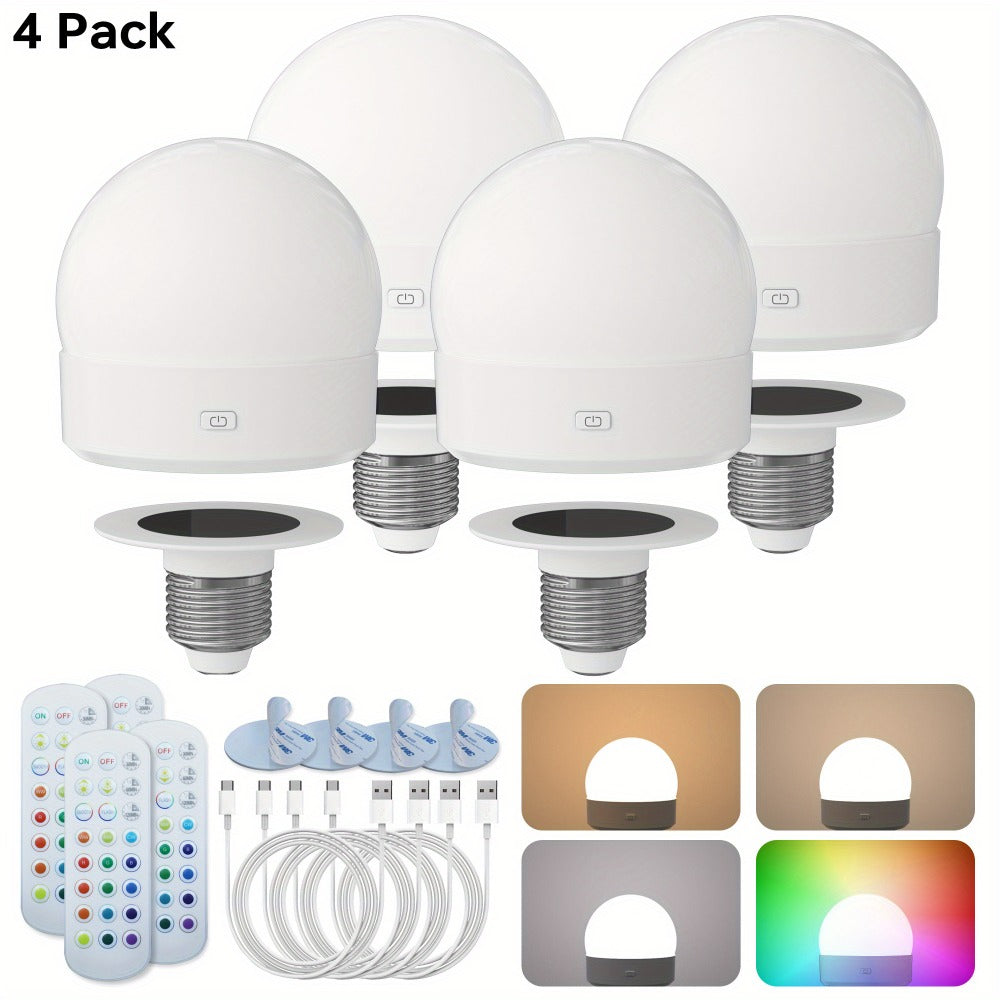 Rechargeable LED Light Bulb E26 3000mAh 400LM with Remote Control ¨C USB Wireless Puck Light, 3 Color Temperatures, 12 RGB Colors, Timer, No Wiring for Lamps Closets Cabinets Indoor Lighting 4 Pack