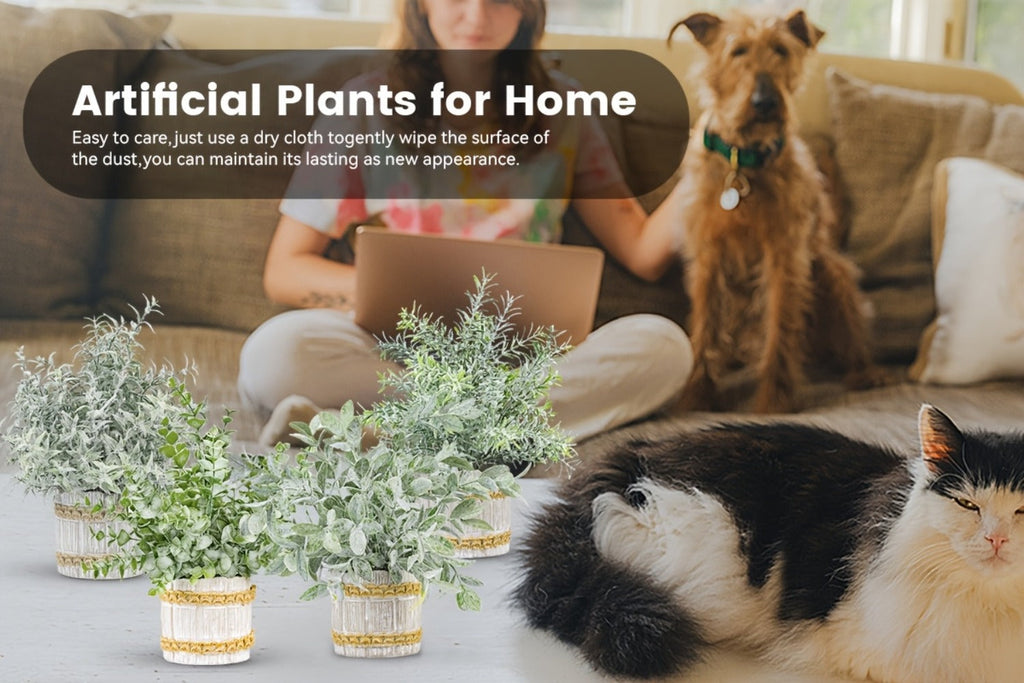 Fake Plants Artificial Plants Indoor 4-Pack Small Potted Greenery in Paper Pulp Pots | Faux Plants for Shelf Desk Home Office Farmhouse Bathroom Decor | Low-Maintenance Artificial Succulents Set