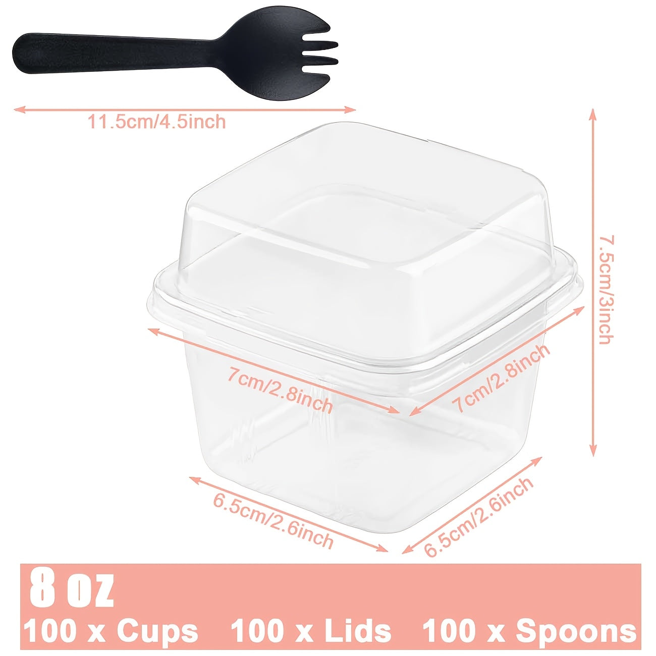 Disposable Dessert Cups 100pcs 8oz Square Clear Plastic with Lids & Sporks | Cake Cups for Pudding, Mousse, Yogurt, Ice Cream - Christmas, Thanksgiving, Valentine's Day & Party Supplies