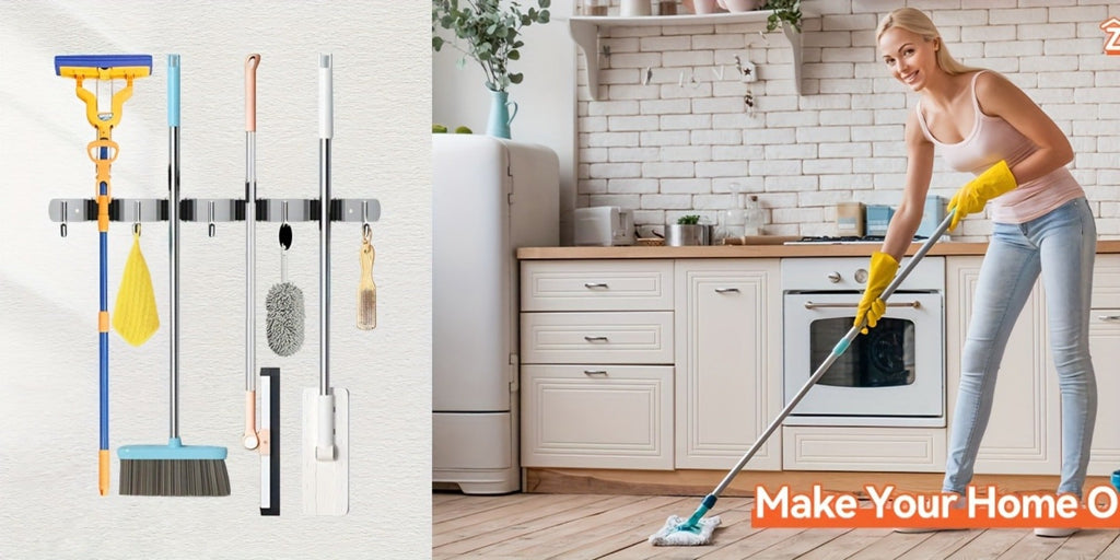 Wall Mounted Broom & Mop Holder ¨C 304 Stainless Steel Broom Organizer with 4 Racks & 5 Hooks ¨C Rustproof Non-Slip Wall Broom Hanger for Kitchen, Garage, Bathroom, Laundry & Closet Storage ¨C 2 Pack