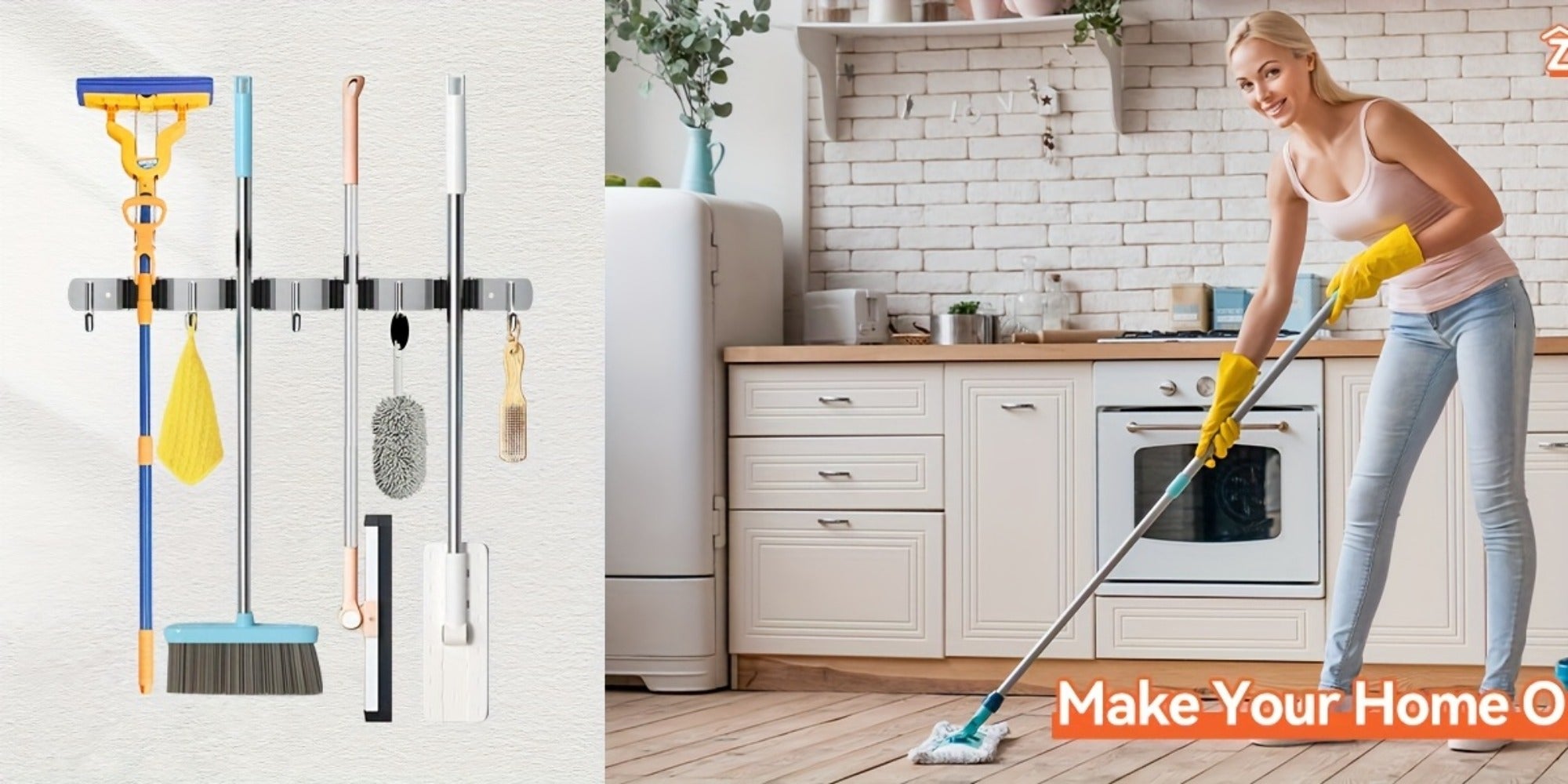 Wall Mounted Broom & Mop Holder ¨C 304 Stainless Steel Broom Organizer with 4 Racks & 5 Hooks ¨C Rustproof Non-Slip Wall Broom Hanger for Kitchen, Garage, Bathroom, Laundry & Closet Storage ¨C 2 Pack