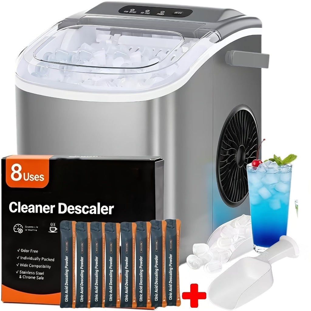 Pebble Ice Maker Countertop ¨C 26 Lbs/24H, 2 Ice Cube Sizes, Sonic Bullet Ice Machine, Auto-Cleaning, Stainless Steel, Ice Scoop & Basket, Optional Descaler Kit for Home, Kitchen, Camping & RV