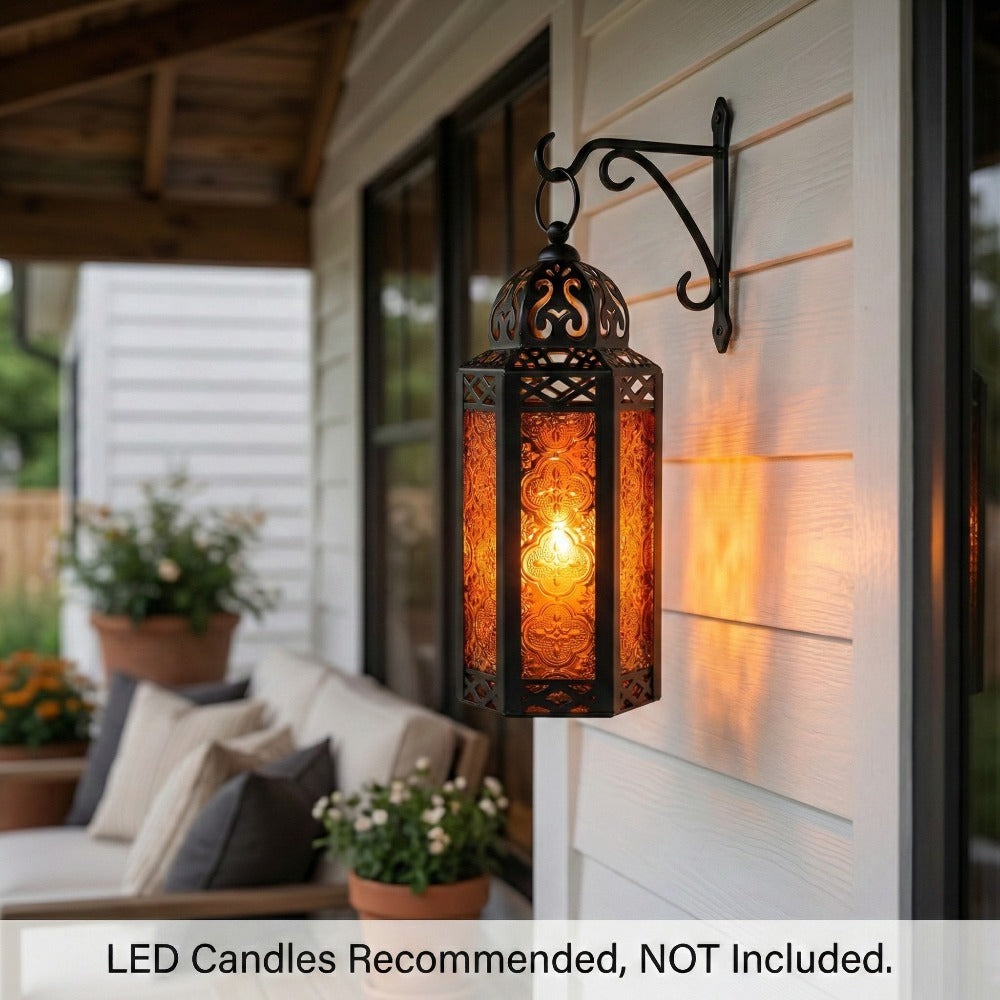 Moroccan Candle Lantern Holder - Decorative Metal & Glass Lantern with Embossed Floral Design for Indoor Home Decor, Garden, Patio, Weddings, Ramadan, Halloween & Holiday Celebrations - 10.5¡± Tall Medium Size