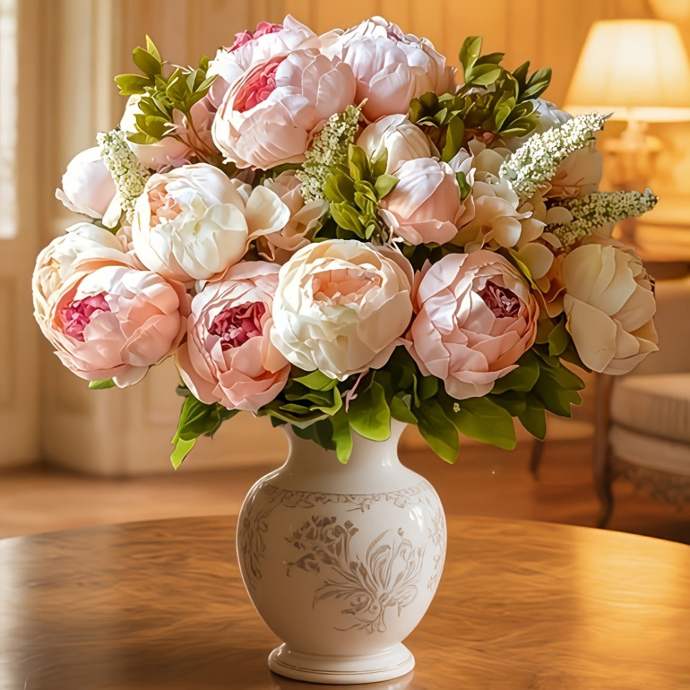 Faux Peonies Hydrangeas Artificial Flowers Vintage Silk Bouquet - Pink Green Mix Floral Centerpiece for Bridal Wedding Home Table Decor Rustic Farmhouse Arrangement
