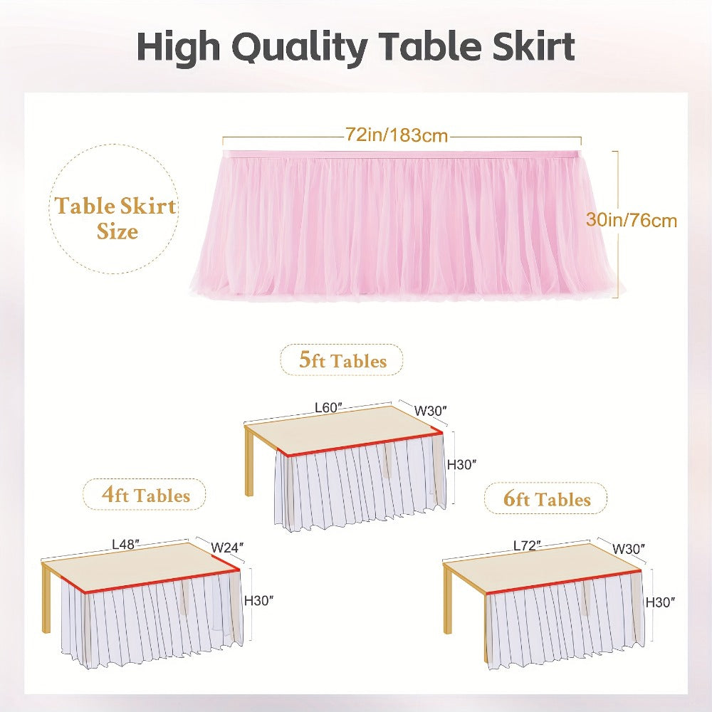 Pink Tutu Table Skirt 6ft ¨C Ruffle Tulle Table Skirt for Rectangle & Round Tables, Princess Girls Birthday Party, Cake Dessert Table Decor, Gold Brim, Multiple Colors Available