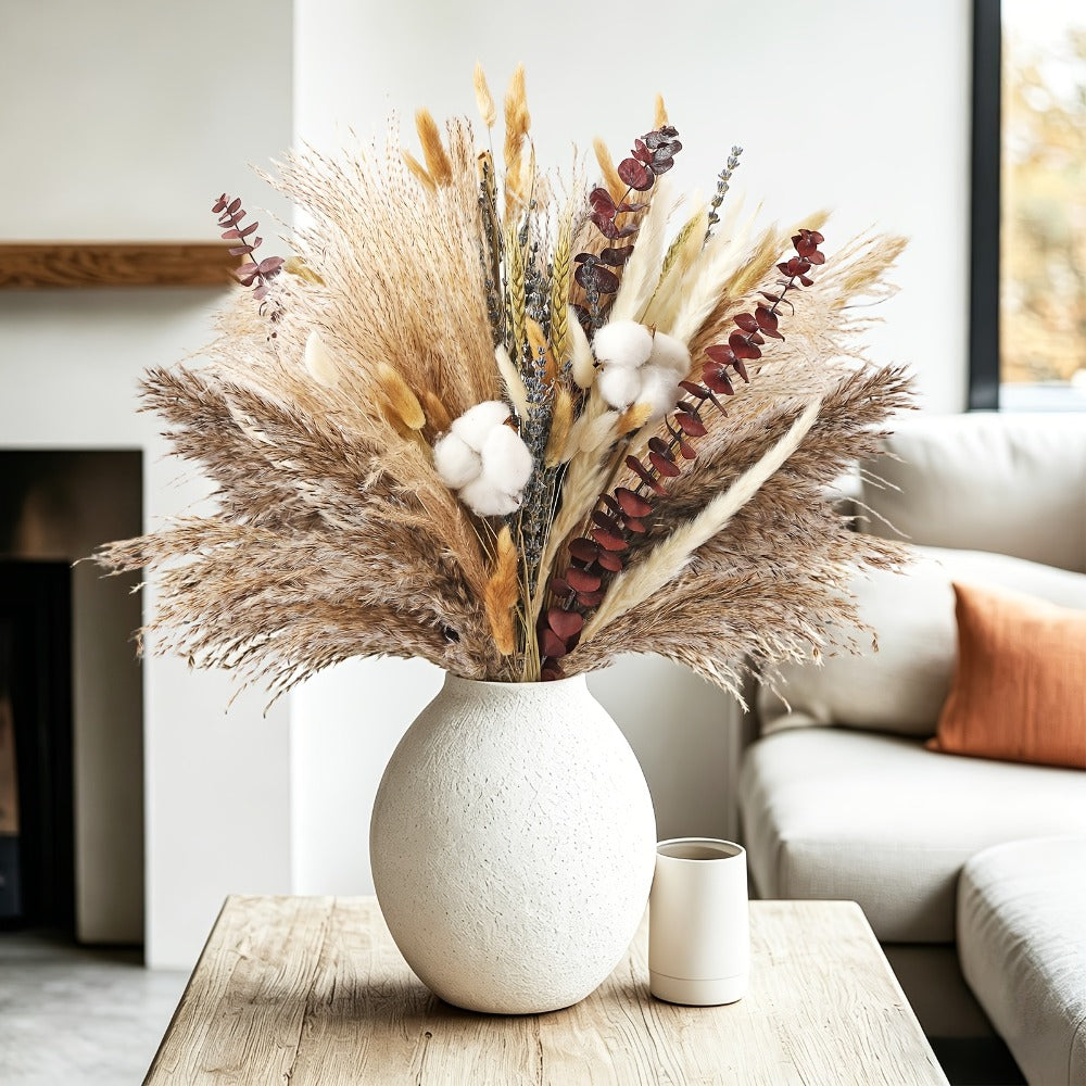 Boho Pampas Grass Dried Flower Arrangement ¨C Lavender Eucalyptus Bouquet with Gemstone Accents for Home Decor, Rustic Wedding Centerpiece & Bohemian Bedroom Vase Filler