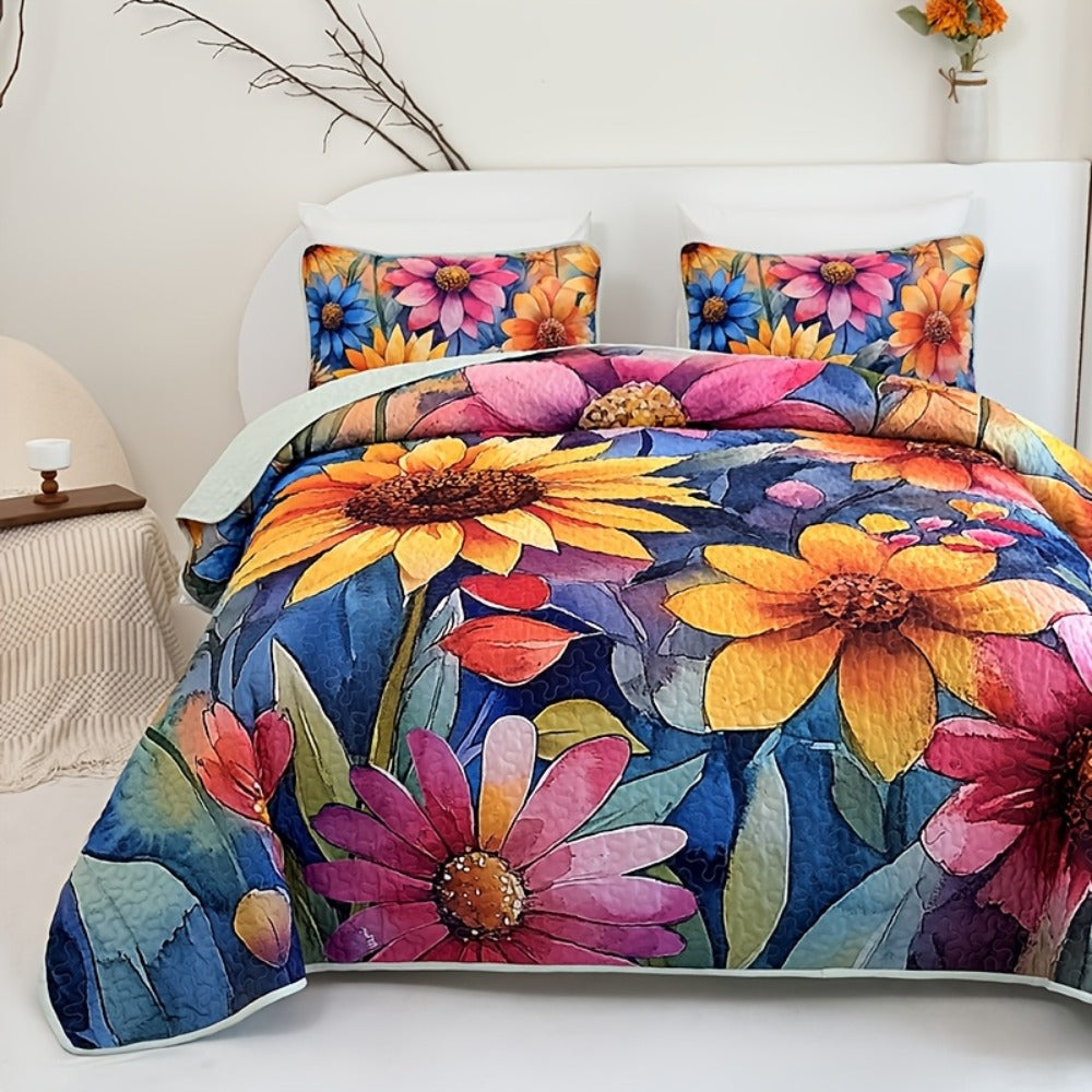 Comforter Set 2 3 Piece Colorful Floral Print Quilt with Pillowcases, Soft Breathable Hypoallergenic Machine Washable Quilted Bed Cover for Twin Full Queen King, Boho Flower Bedding Room Decor