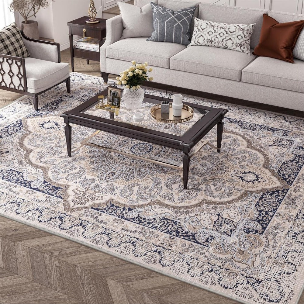 Vintage Persian Area Rug Machine Washable Non-Slip Non-Shedding Floral Indoor Carpet for Living Room Bedroom in Multiple Colors and Sizes