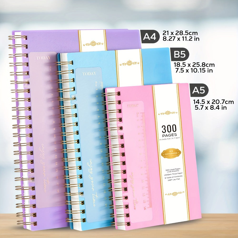 Hardcover Spiral Notebook A5 Lined Journal 300 Pages 100GSM Thick Paper PVC Waterproof Cover College Ruled Note Pad for Women Men Office School 5.7x8.4 Inch