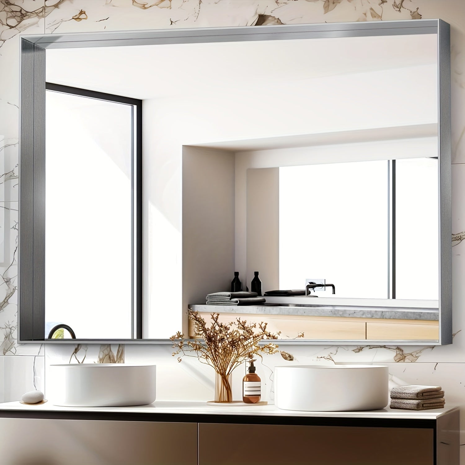 Bathroom Vanity Mirror Wall Mounted Metal Frame Rectangle ¨C Anti-Rust Farmhouse Mirror in Matte Black, Gold & Silver, Multiple Sizes, Horizontal or Vertical Hang