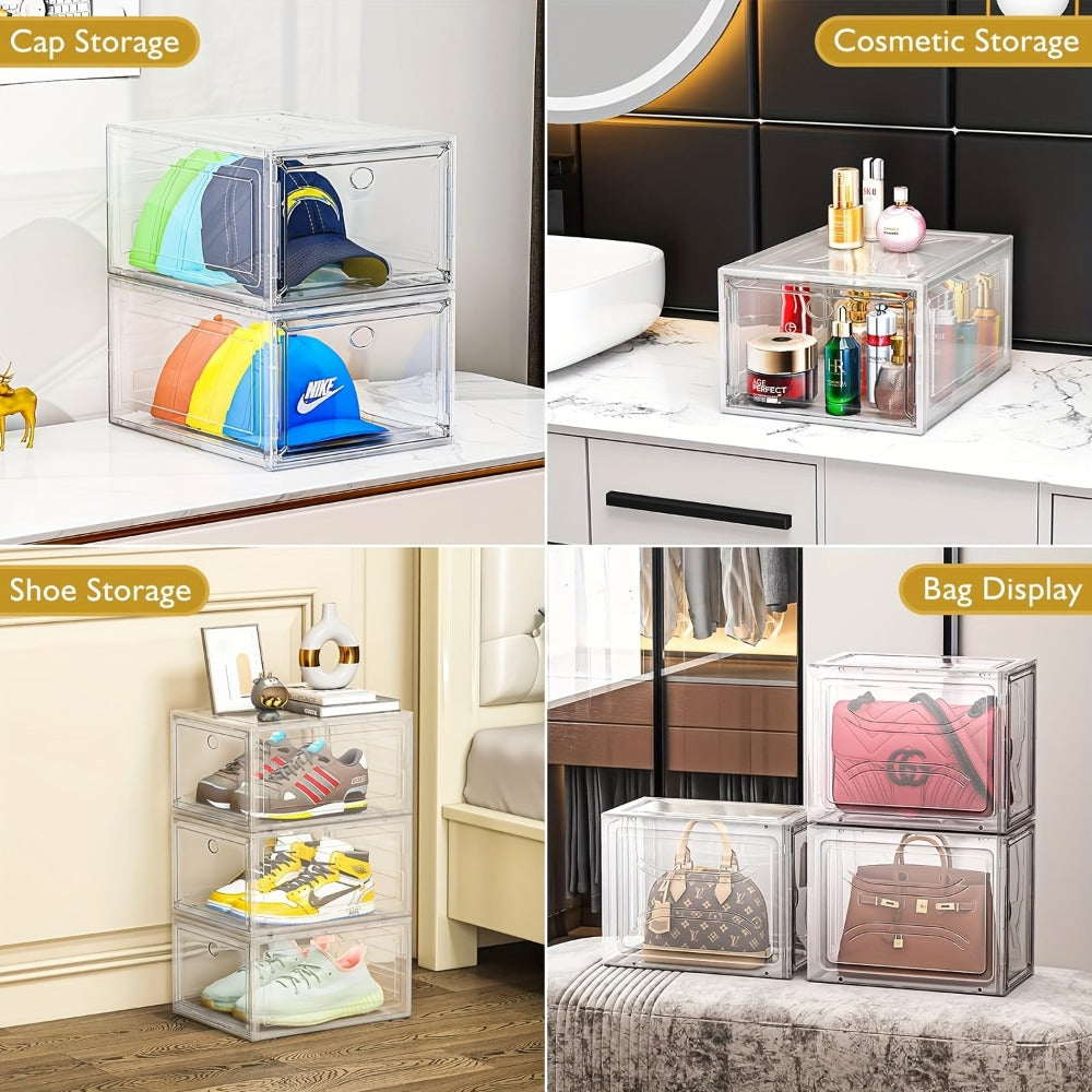 Clear Shoe Organizer Box 6-Pack, Stackable Shoe Storage with Magnetic Door, Dustproof Sneaker Display Case for Women & Men, Front-Loading Large Plastic Closet Shoe Rack for Boots & Hats