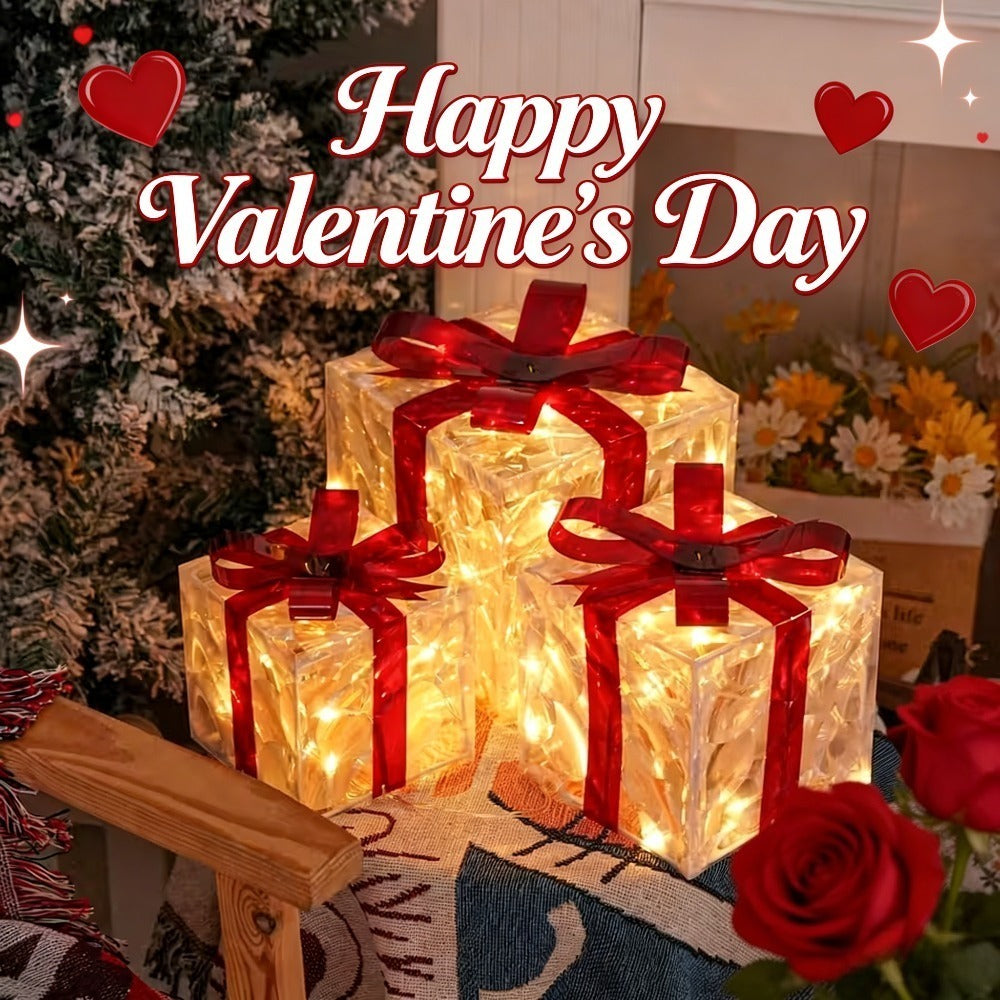 Christmas Gift Box Lamp 3pcs - Transparent Light Box with LED String Lights, Strap & Handle, Holiday Home Decoration, Birthday Party Decor, Manual Assembly