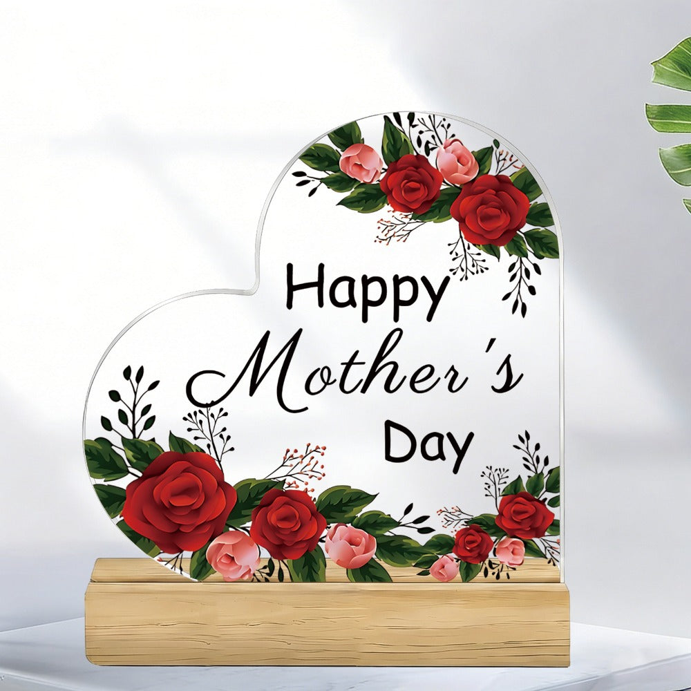 Mother's Day Heart-Shaped Acrylic Sign with Wooden Base | Floral Desktop Ornament for Home Living Room Bedroom | Heartwarming Mom Gift for Mother's Day Celebration Table Decor