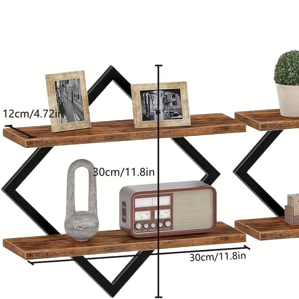 Floating Wall Shelves Double Layer Geometric Diamond Metal Wire Wood Display Stand Industrial Style for Living Room Kitchen 2 4 Pack