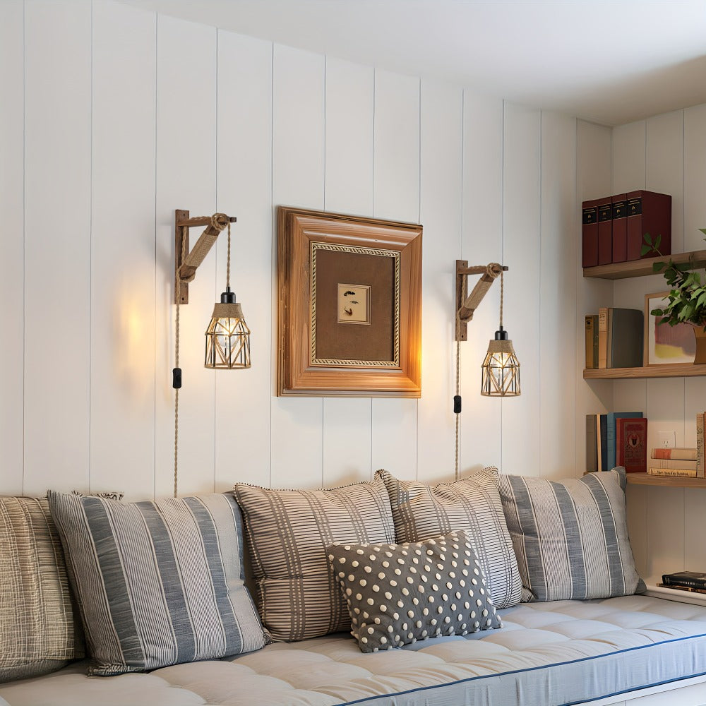 Plug In Wall Sconces Set of 2 or 1 ¨C Rustic Farmhouse Wall Lamp with Metal Cage & Wooden Bracket, Plug-Into-Outlet Hanging Light for Bedroom, Living Room & Headboard