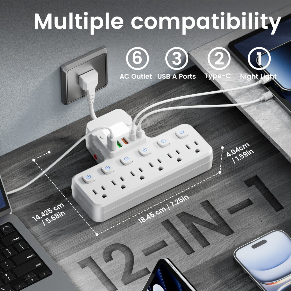 Desktop Power Strip 11-in-1 with 6 AC Outlets 3 USB-A 2 USB-C Ports 6 Individual Switches Multifunctional Charging Station for School Studio Workshop Home Office Desk