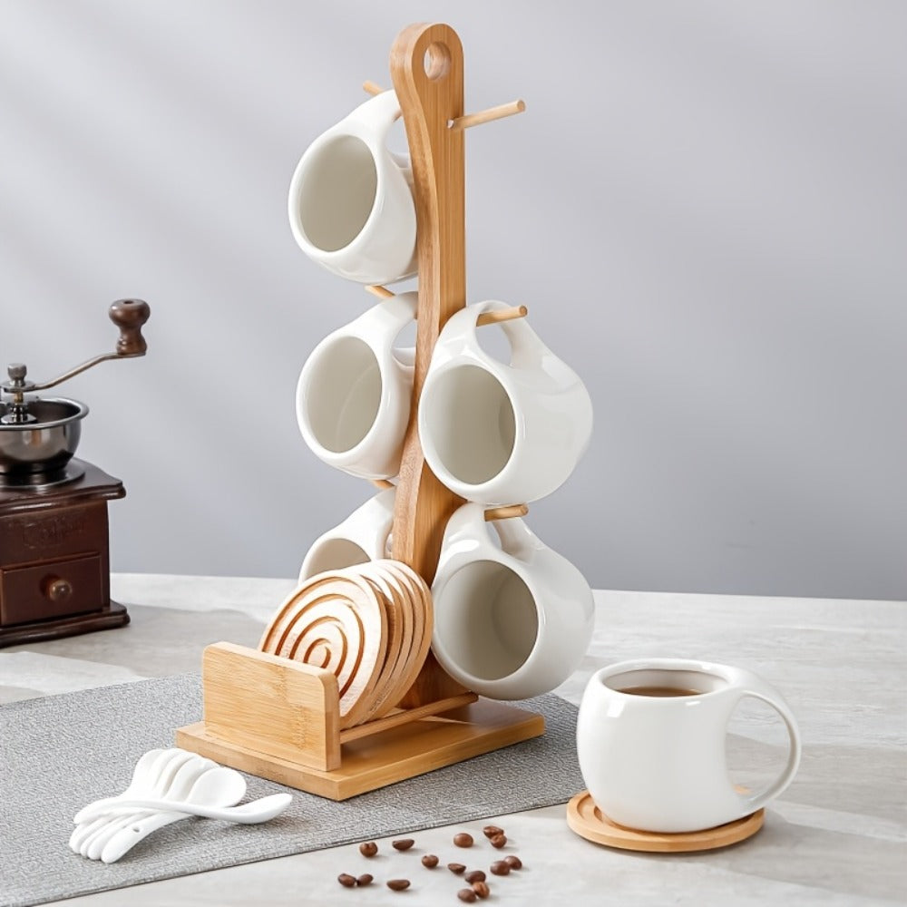 Ceramic Coffee Cup Set of 6 with Wooden Coasters & Cup Holder | 200ml Latte Cappuccino Espresso Tea Mugs | Home Office Caf¨¦ Gift Set