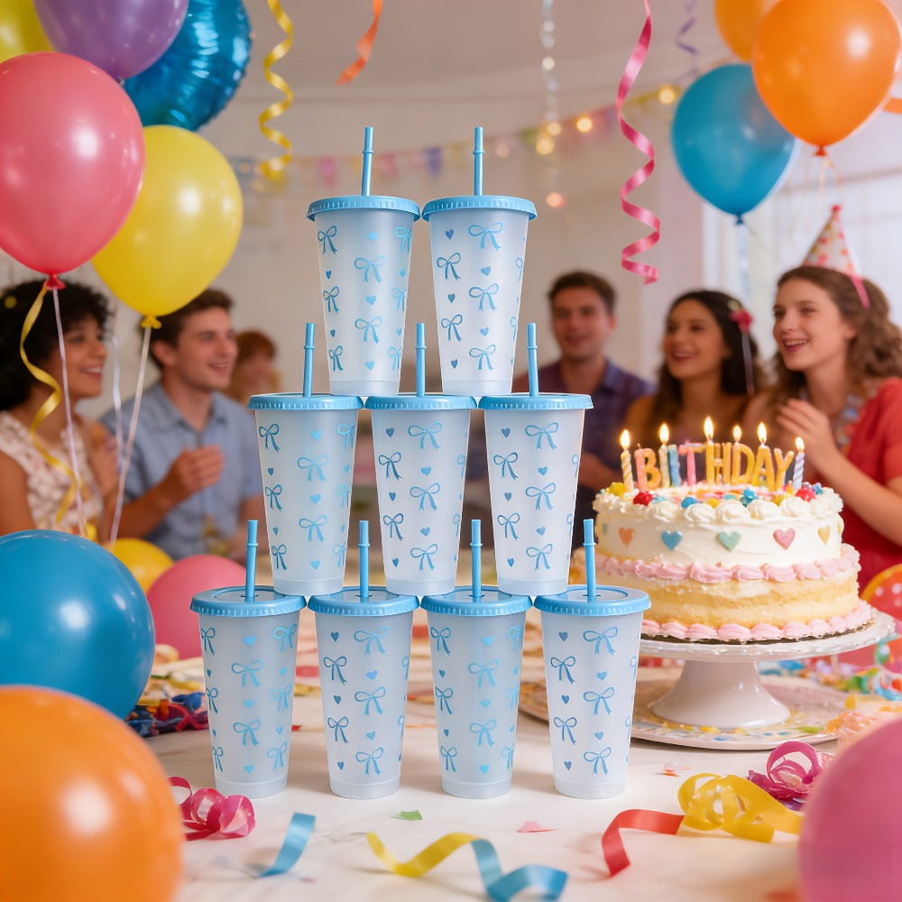 Reusable Party Cups 24 oz with Lids Straws and Dust Covers - BPA Free PP Plastic Tumblers Bulk Set 10 or 20 Pack for Parties Camping Office Gifts Pink Blue