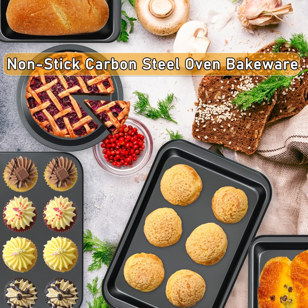 Nonstick Bakeware Set with Cooling Rack Cookie Sheet Cake Pans Loaf Muffin Pizza Pan Oven Safe Baking Pans Set for Kitchen 6 14 15 Piece