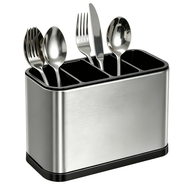 Utensil Holder Stainless Steel Cutlery Organizer 4-Compartment Countertop Caddy Anti-Slip Drain Holes for Kitchen Forks Knives Spoons Chopsticks