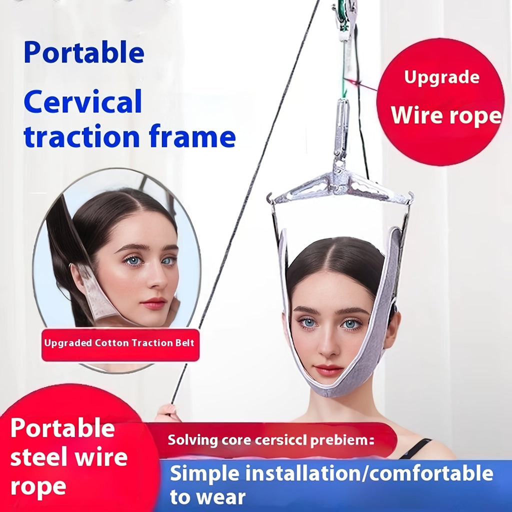 Cervical Traction Device with Handle, Adjustable Neck Traction Belt & Shoulder Massager, Spinal Decompression Pillow for Muscle Tension Relief, Durable Iron & Nylon Home Neck Stretcher