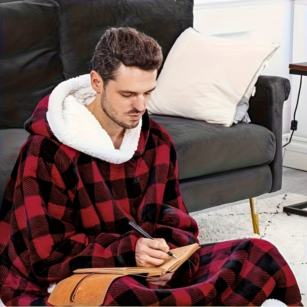 Plaid Fleece Wearable Hooded Blanket ¨C 400gsm Warm Cozy Oversized Hoodie Bedspread, Machine Washable, 4 Colors, 70¡± Length