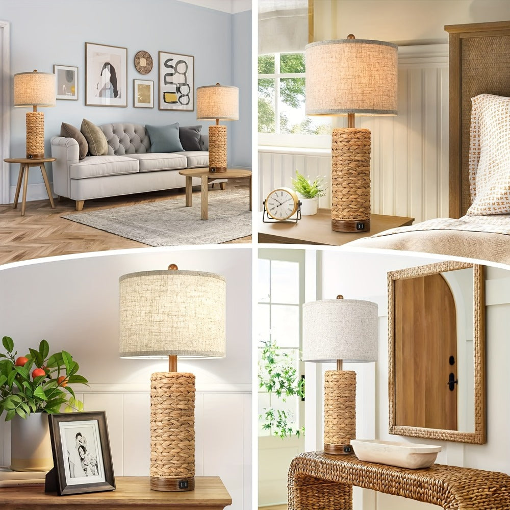 Rattan Table Lamp Set of 2 with USB Ports - 27 Inch Tall Woven Seagrass Bedside Nightstand Lamps for Living Room Bedroom End Table, Coastal Farmhouse Rustic Decor, E26 Socket Rotary Switch