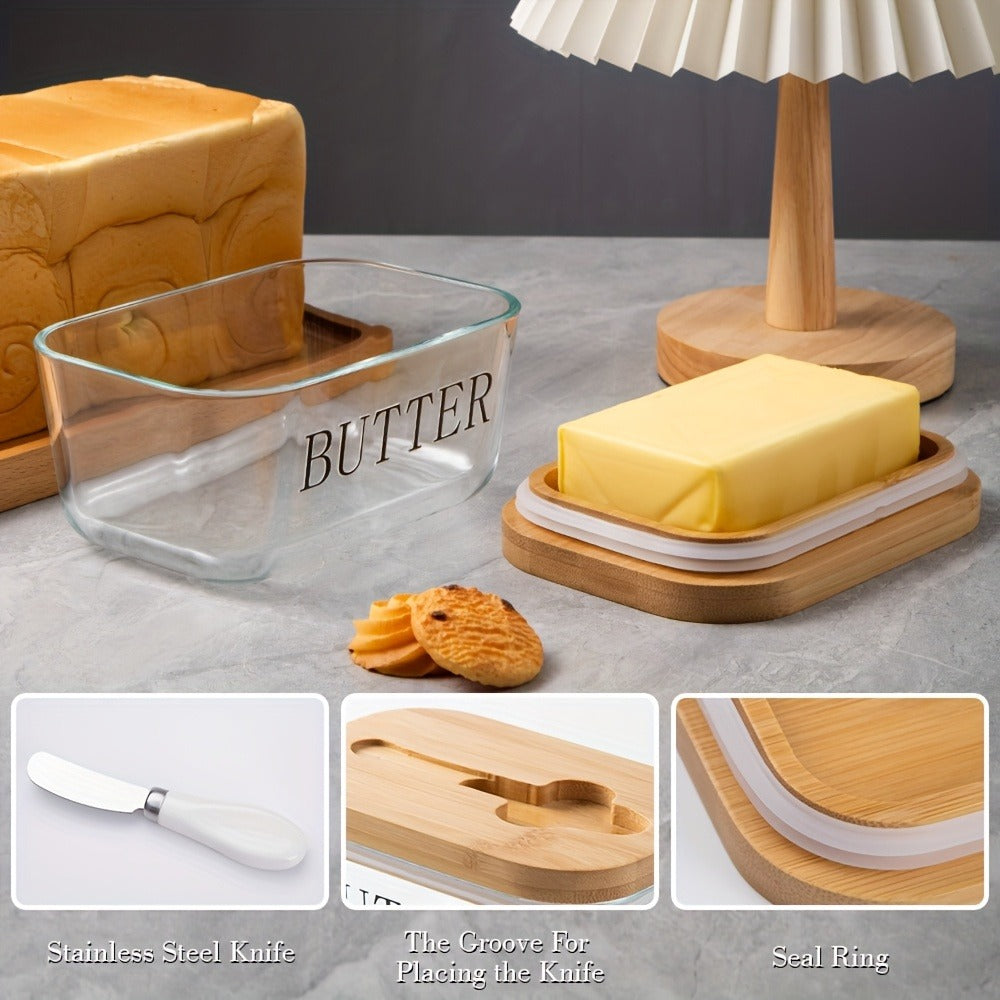 Glass Butter Dish with Airtight Lid, 700ml/25oz - Countertop & Fridge Butter Keeper, Covered Butter Tray with Lid for Counter or Refrigerator Door Shelf