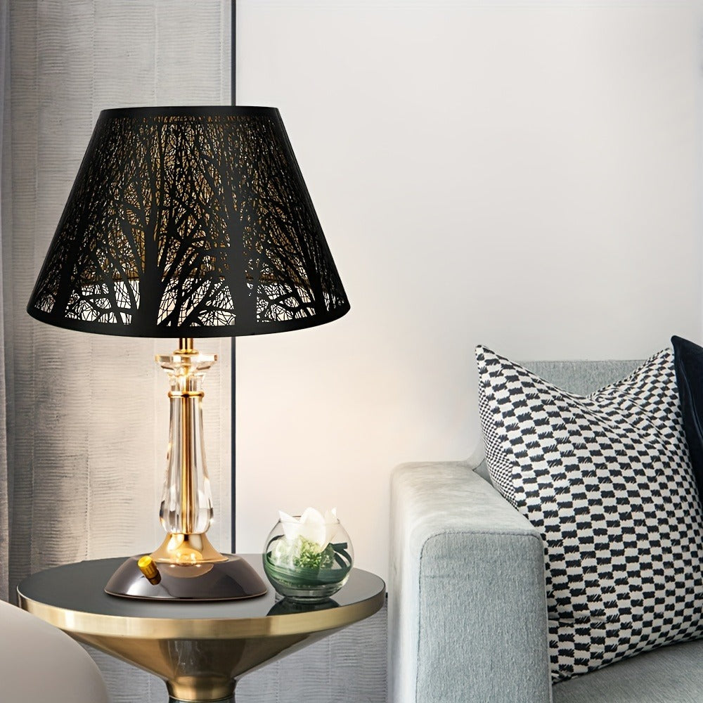 Metal Lampshade Etched Forest & Leaf Design | Black Exterior Gold Interior | Barrel Lamp Shade for Table Lamp & Floor Lamp | Medium Large Decorative Lampshade 7x13x7.8 inch