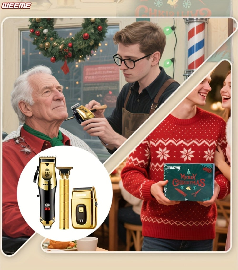 Professional Hair Clipper Set for Men ¨C 3pcs Golden Cordless Kit with Beard Trimmer & T-Blade Trimmer, Hair Cutting & Styling Tools, Ideal Birthday & Father¡¯s Day Gift for Men