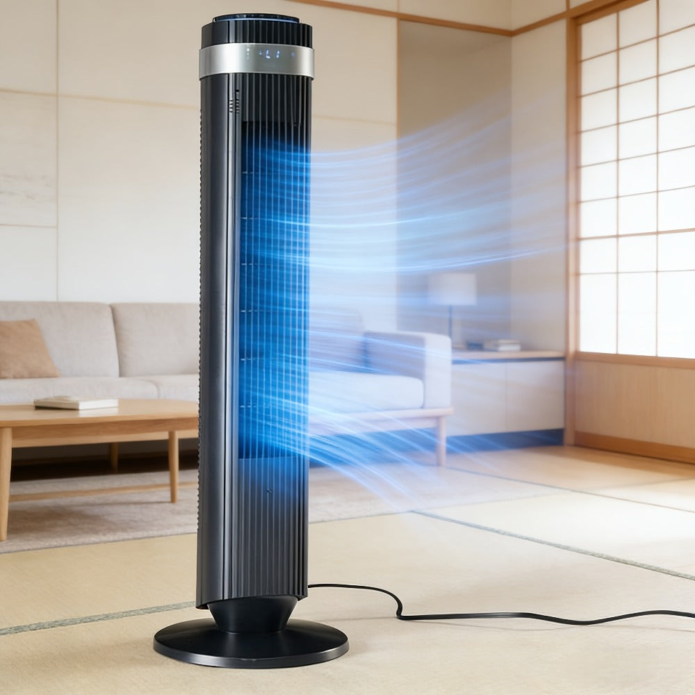 Bladeless Tower Fan with Remote Control, Silent Floor Fan with LED Display 4 Speed Settings & 12-Hour Timer, Quiet Tower Fan for Living Room Bedroom Office, Modern Air Circulator Fan Black White Grey