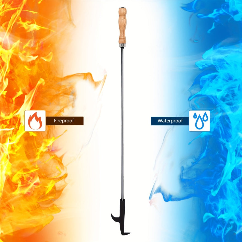Fire Pit Poker 32 Inch, Heavy Duty Wrought Iron Fire Poker Stick with Wooden Handle and Barb Hook, Collapsible Campfire Poker for Fireplace, Bonfire, Camping, Outdoor and Indoor Fire Pit Tools