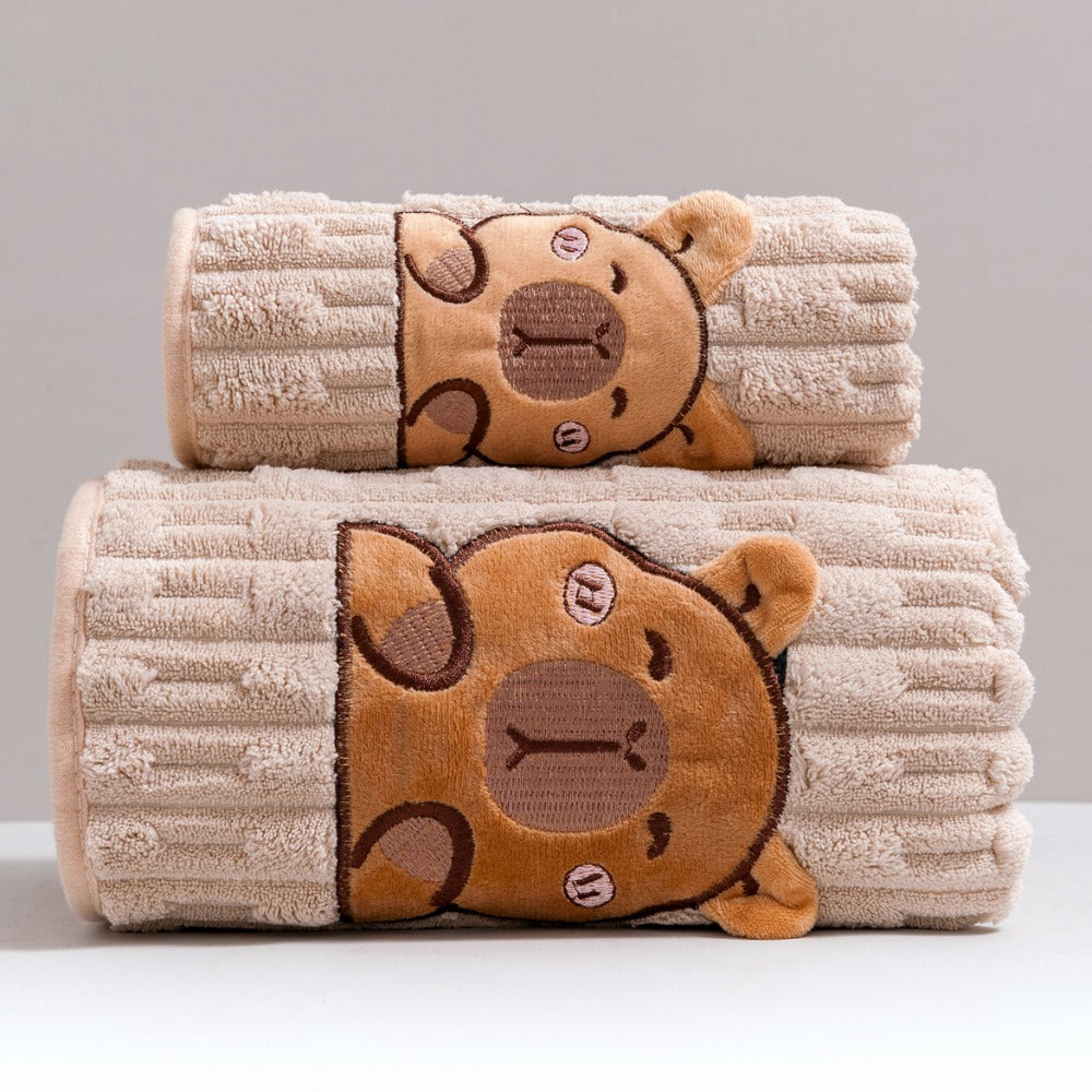 Bath Towel Set 2 Piece Cute Capybara Coral Fleece Super Soft Ultra Absorbent Quick Dry Face Towel and Bath Sheet for Spa Gym Hotel Guest Bathroom