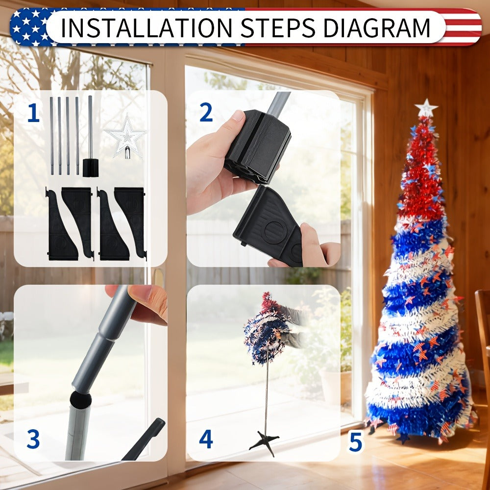 4th of July Patriotic Decoration Tree 5ft ¨C Foldable LED Light String with Red White Blue Stars & Stripes, Independence Day Party Decor, Patriotic Theme Display Tree, Summer Holiday Gift