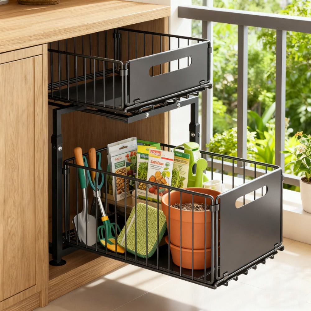 Under Sink Organizer 2-Tier Slide Out Pull Out Drawer Metal Basket Height Adjustable - Under Sink Cabinet Organizer for Kitchen Bathroom Storage, Sliding Shelf Rack for Cleaning Supplies Toiletries