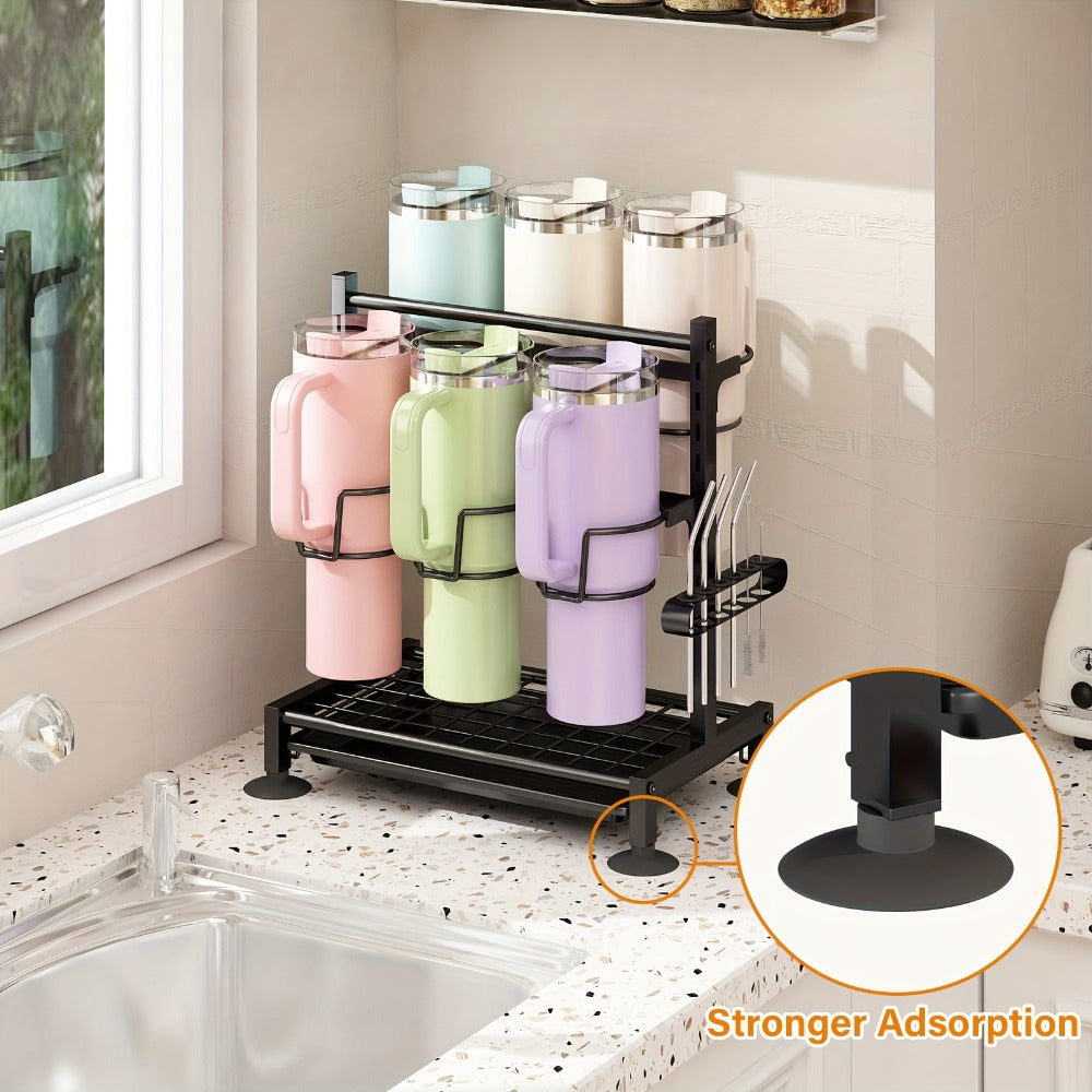 Cup Holder Rack 6-Grid Cast Iron Water Bottle Organizer for Kitchen Cabinet | Adjustable Height Drinkware Storage Rack Holds 40oz Cups Mugs Tumblers Stanley Bottles Space-Saving Kitchen Organizer