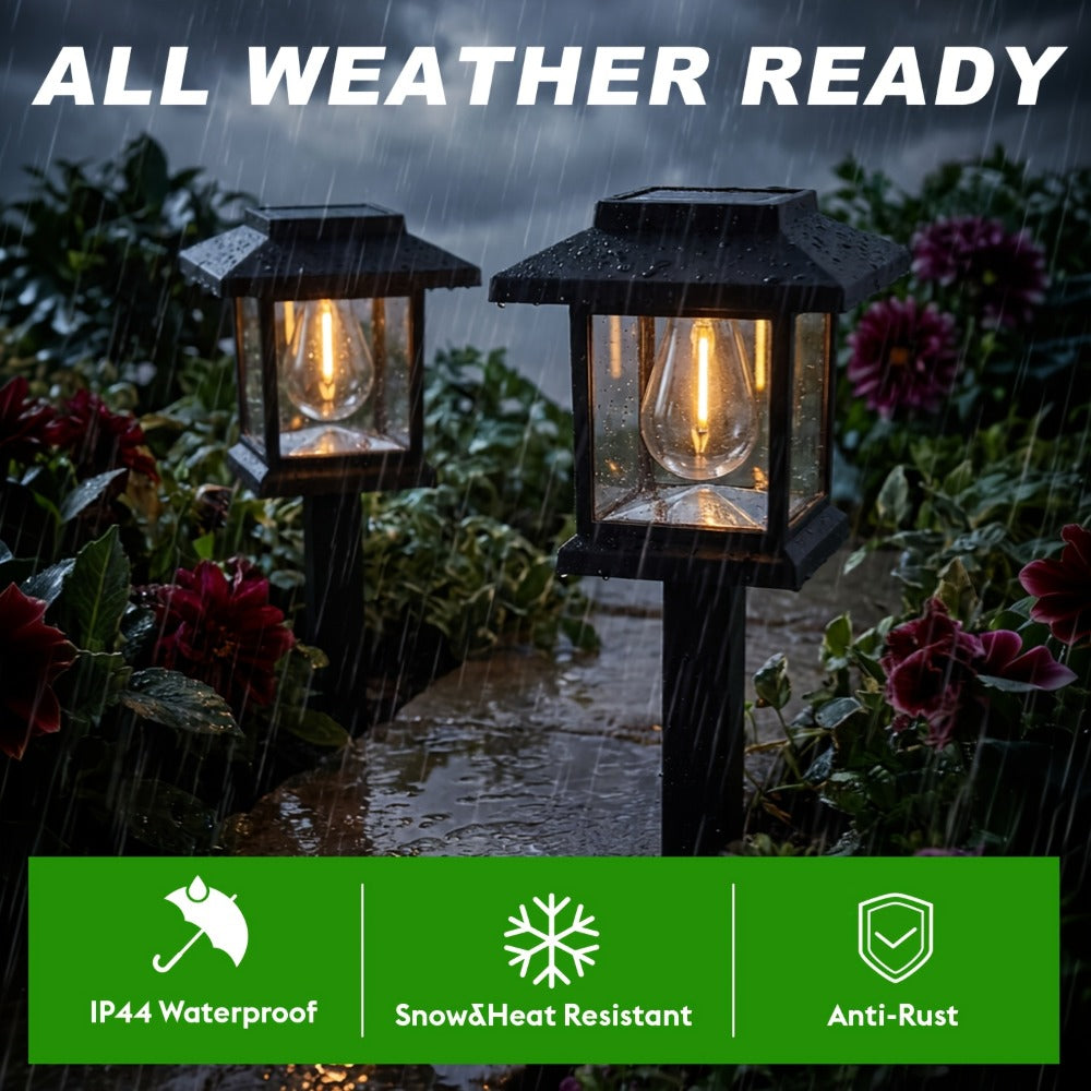 Solar Pathway Lights Outdoor Edison Style LED ¨C Up to 12 Hours Auto On/Off IP44 Waterproof | Warm White Solar Garden Lights for Yard, Driveway & Walkway | Black & Brown Upgraded Stake Lights
