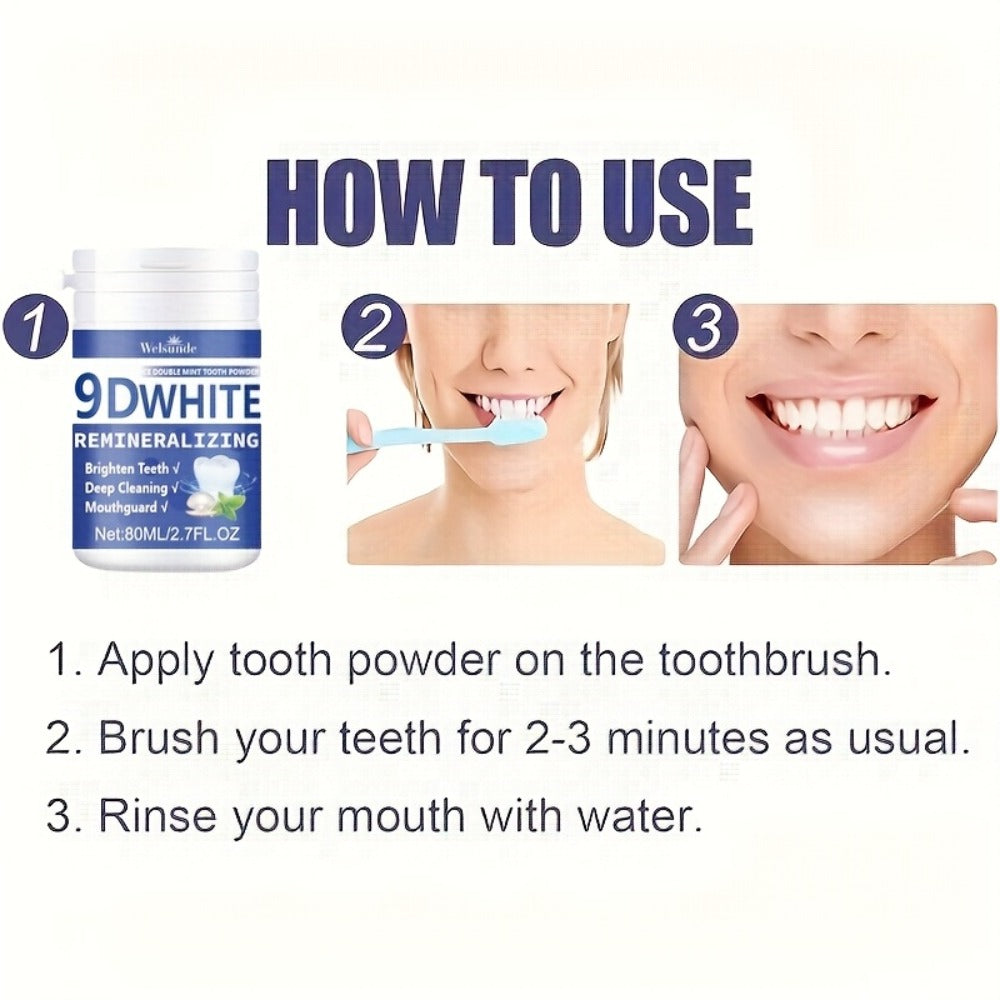 Teeth Whitening Tooth Powder 3-Pack ¨C 9D White Deep Cleaning Dental Powder with Fresh Mint Flavor, 80ml Each, Removes Stains, Freshens Breath, Travel-Friendly Daily Dentifrice for Women and Men