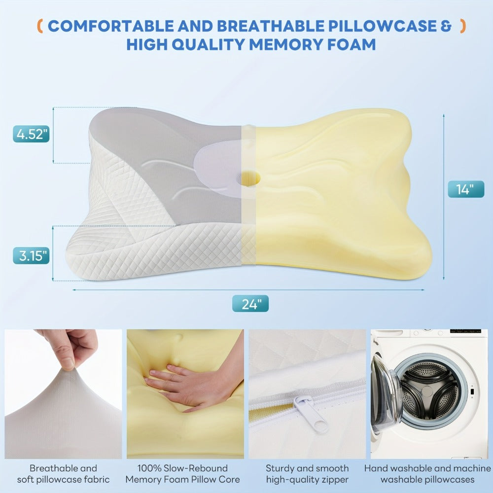 Memory Foam Cervical Pillow Ergonomic Contour Neck Support Orthopedic Bed Pillow for Side Back Stomach Sleepers with Cooling Pillowcase Queen King