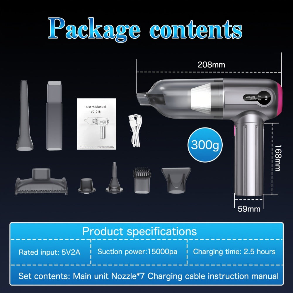 Cordless Handheld Car Vacuum Cleaner 15000PA - Rechargeable Portable Mini Vacuum with Brushless Motor, HEPA Filter, Air Blower & Pump Function, Small Hand Held Vacuum for Car Interior, Home & Pet Hair