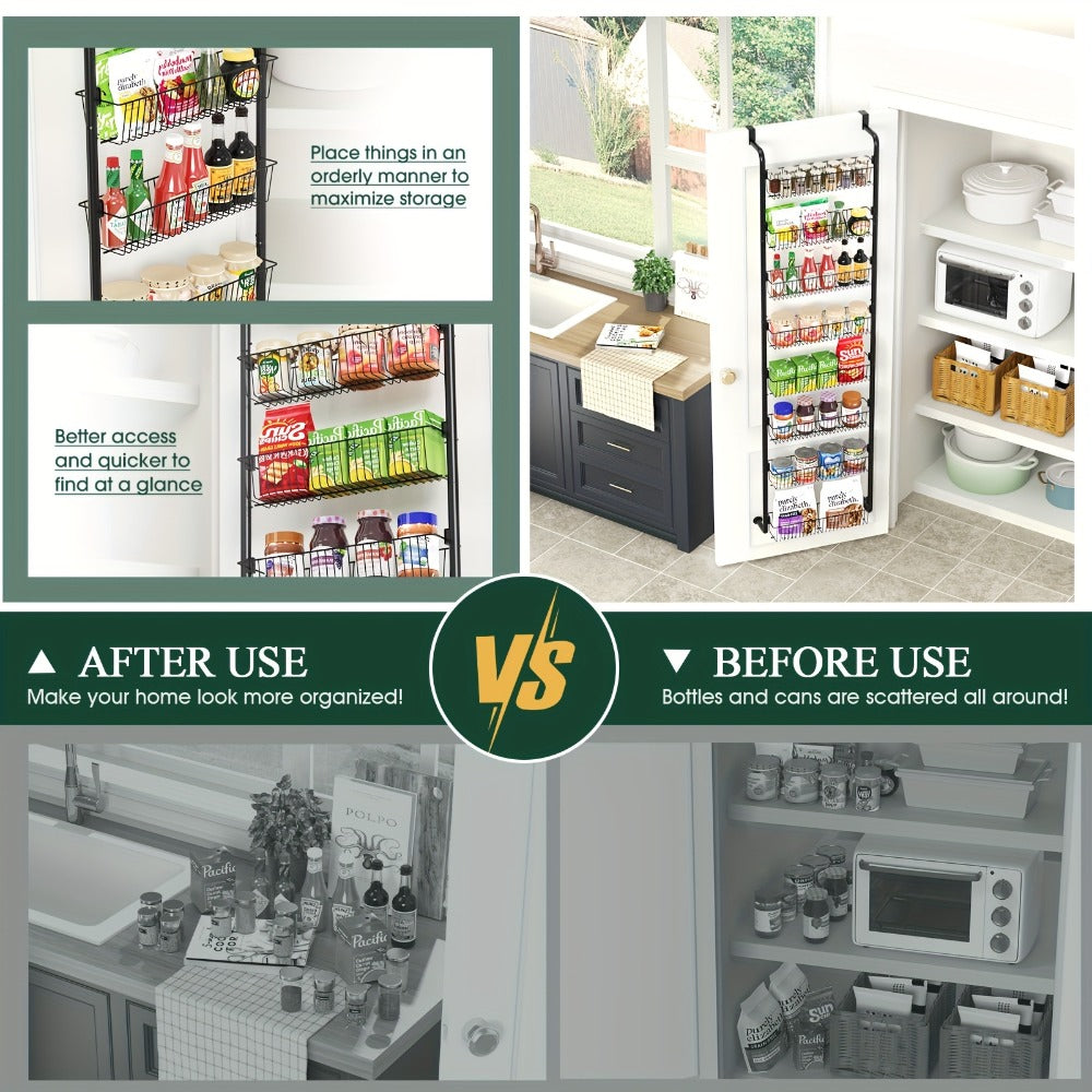 Over The Door Organizer - Heavy Duty Multi-Layer Pantry Storage Rack for Kitchen Bathroom Laundry Room, Space Saving Door Hanging Shelf, 6 or 8 Tier Metal Spice Food Storage Cabinet