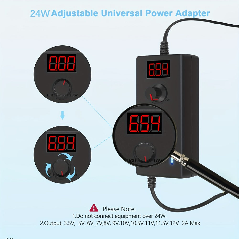 Adjustable AC DC Power Adapter 24W 3-12V 2A Universal Power Supply 100-240V with LED Voltage Display 14 Tips Polarity Converter for Small Home Electronics