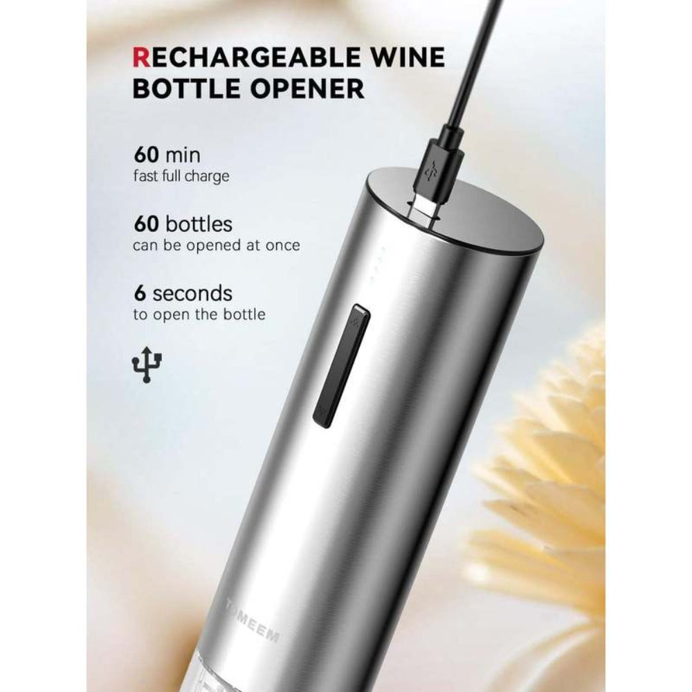 Electric Wine Opener Gift Set Rechargeable, 5-Piece Wine Accessory Kit with Aerator, Vacuum Stoppers, Foil Cutter & Bottle Opener, Stainless Steel, Perfect for Home Bar, Dinner Parties & Gifting