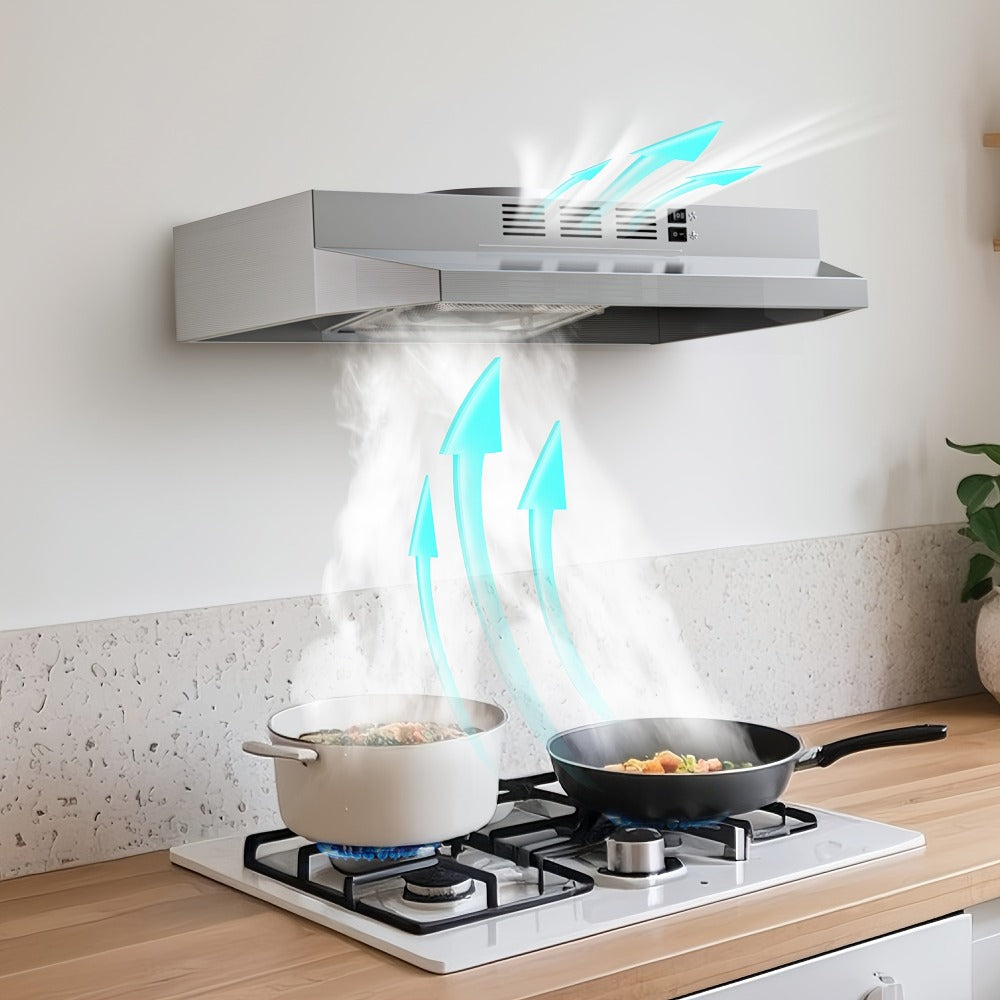 Range Hood 30 Inch Under Cabinet 350 CFM Ducted Ductless Convertible Kitchen Vent Hood with LED Light 2-Speed Exhaust Fan Stainless Steel Black White