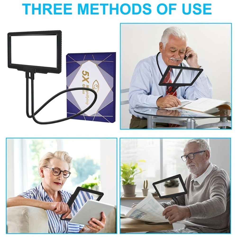 Hands-Free Magnifying Glass 5X Full Page, Flexible Gooseneck Neck-Worn Reading Magnifier for Seniors, Large Page Magnifier for Reading Sewing Repair Low Vision, No-Light Wearable Magnifier