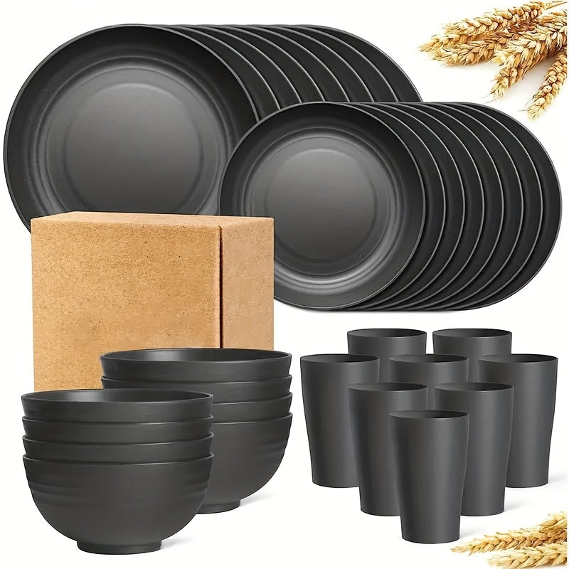 Wheat Straw Dinnerware Set 32/16pcs, Unbreakable Plastic Plates Bowls Cups, Colorful Outdoor Camping Dishes Service for 8