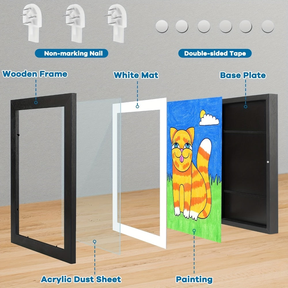 Kids Artwork Frames Front Opening Changeable 8.5x11 Inch Children Art Display Picture Frame for Drawing Crafts Photos Holds 130 Pieces Wood Black White