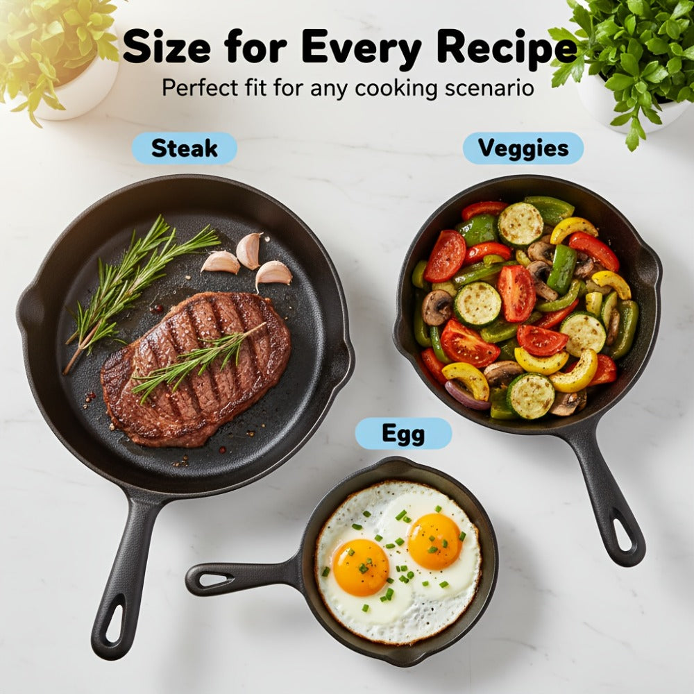 Cast Iron Skillet Set Uncoated Frying Pan with Drip Spout Heavy Duty Pre-Seasoned Cookware for Frying Stir-Frying Baking Stovetop Oven Safe 3 4 5 Piece