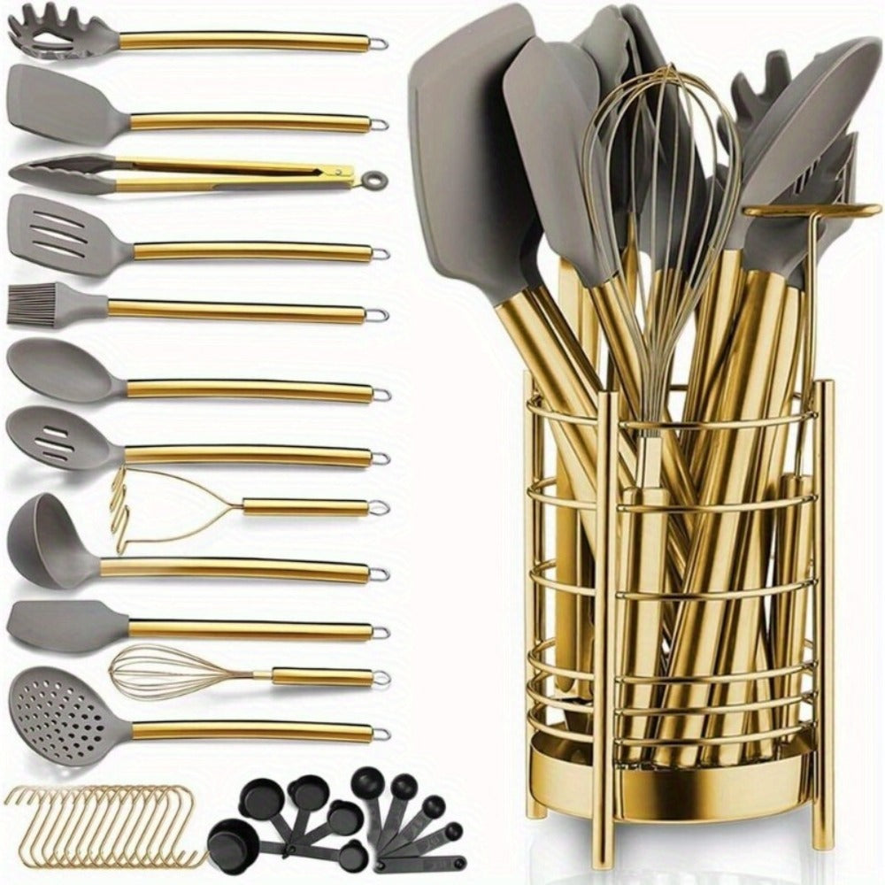 Kitchen Utensil Set 38 Piece Gold Stainless Steel with Silicone Heads Utensil Holder Measuring Cups Spoons Hooks BPA-Free Dishwasher Safe Complete Cooking Tool Set